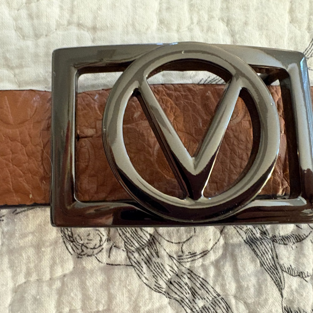 Valentino Brown Leather Belt with Silver Geometric Logo Buckle